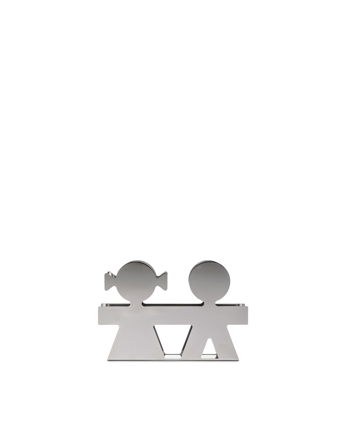 Silver-toned metallic Girotondo decorative object by Alessi, depicting a stylized boy and girl holding hands.