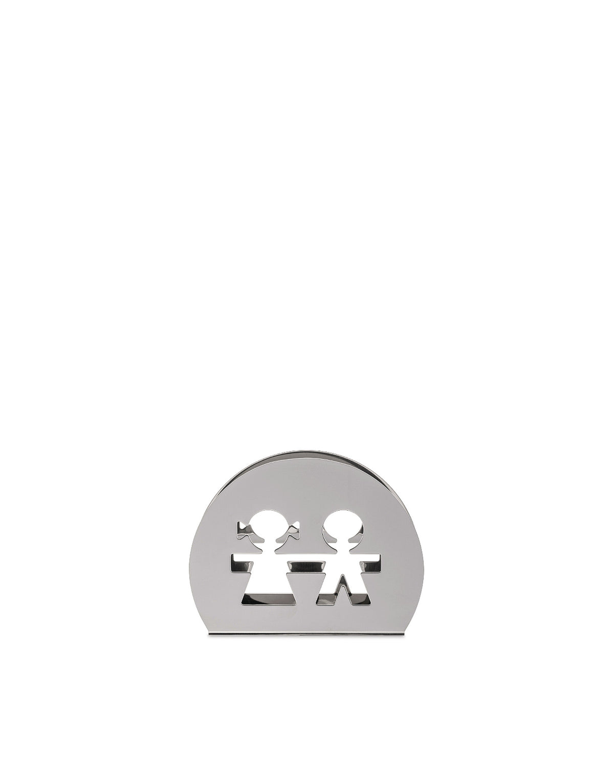 Polished silver metal napkin holder by Alessi, featuring two children cut-out figures.