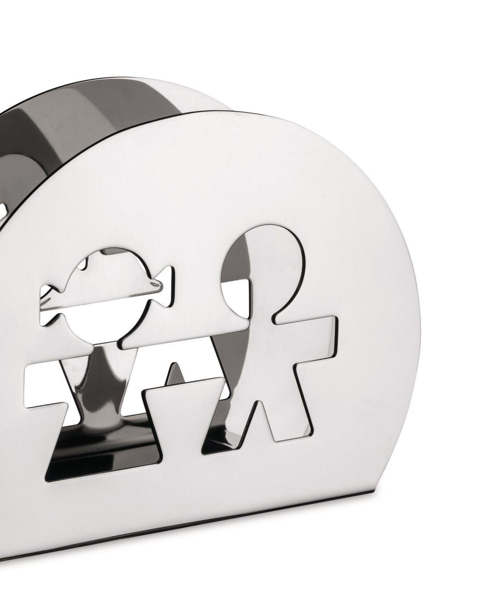 Silver polished metal napkin holder by Alessi, featuring cutout boy and girl figures, shown from a three-quarter angle.