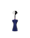 Blue and silver corkscrew by Alessi designed with a smiling human-like head and body.