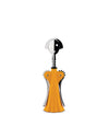 Yellow and chrome corkscrew by Alessi, shaped like a smiling stylized woman with raised arms, on a white background.