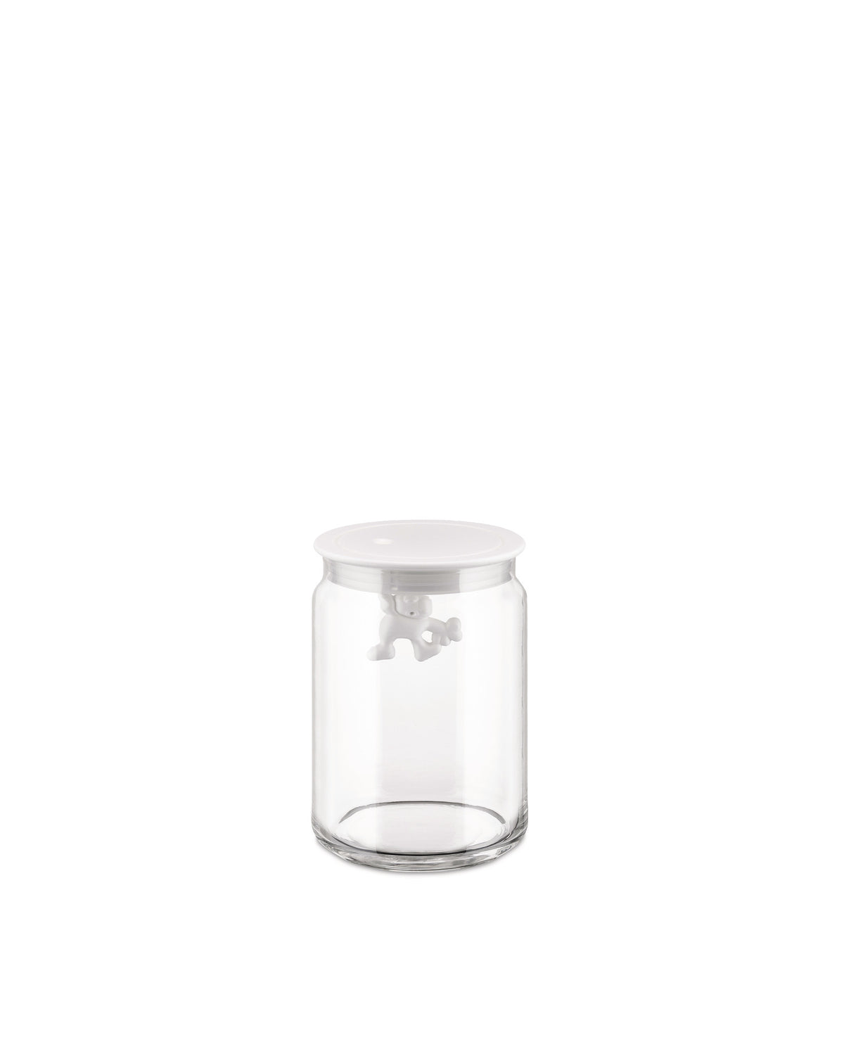 Clear glass storage jar by Alessi with a white lid and a small white figure hanging inside.