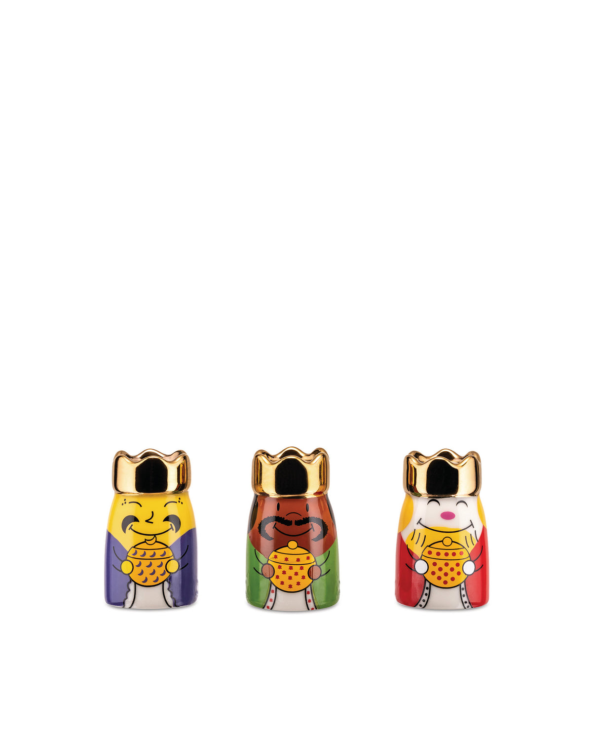 Three colorful Re Magi decorative figures by Alessi, each with a gold crown and holding a patterned pot, against a white background.