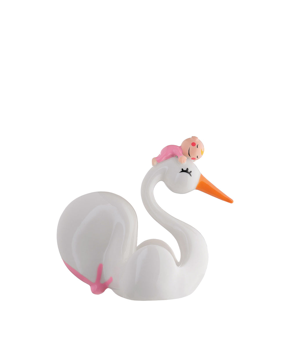 White decorative figurine of a swan carrying a baby by Alessi, featuring an orange beak and pink ribbon detail.