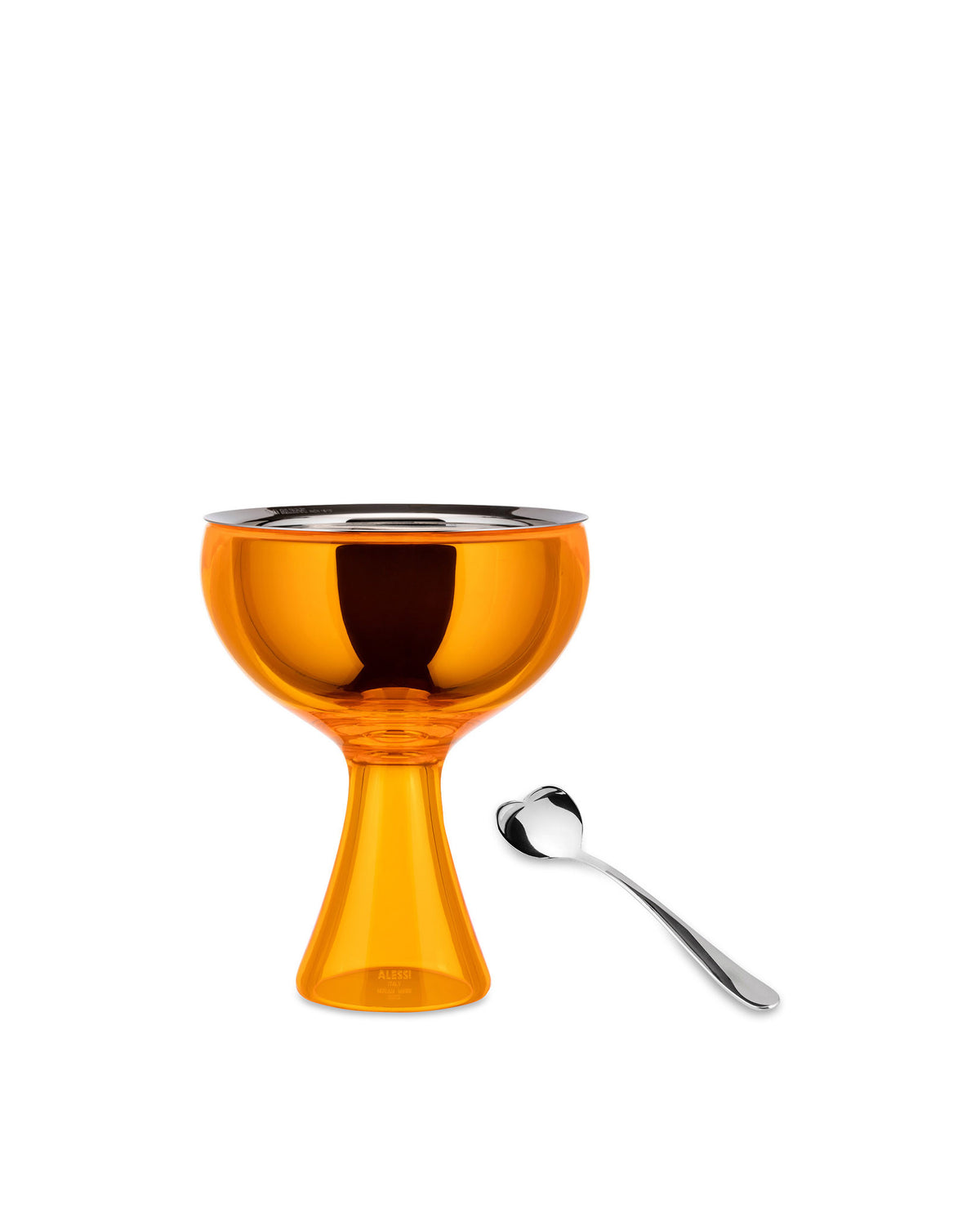 Orange stemmed dessert bowl by Alessi with a chrome rim, next to a heart-shaped silver spoon.