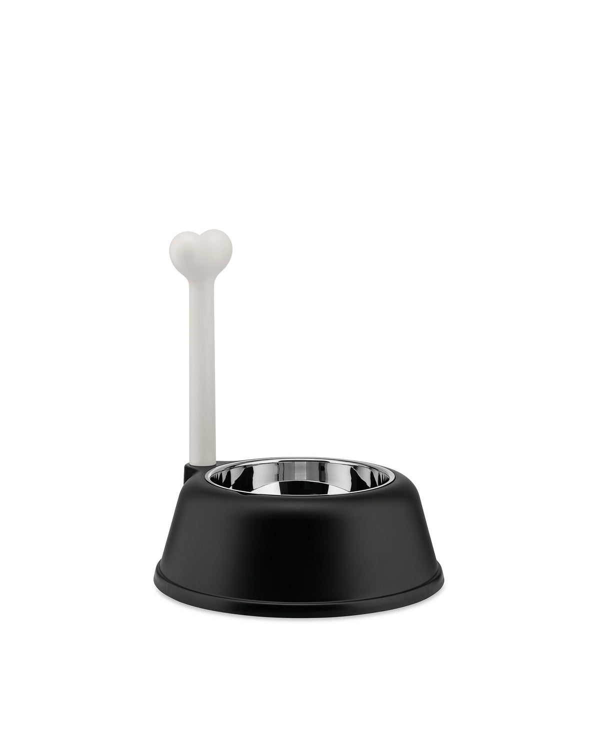 Black pet bowl with a stainless steel insert by Alessi, featuring a tall white bone-shaped handle.