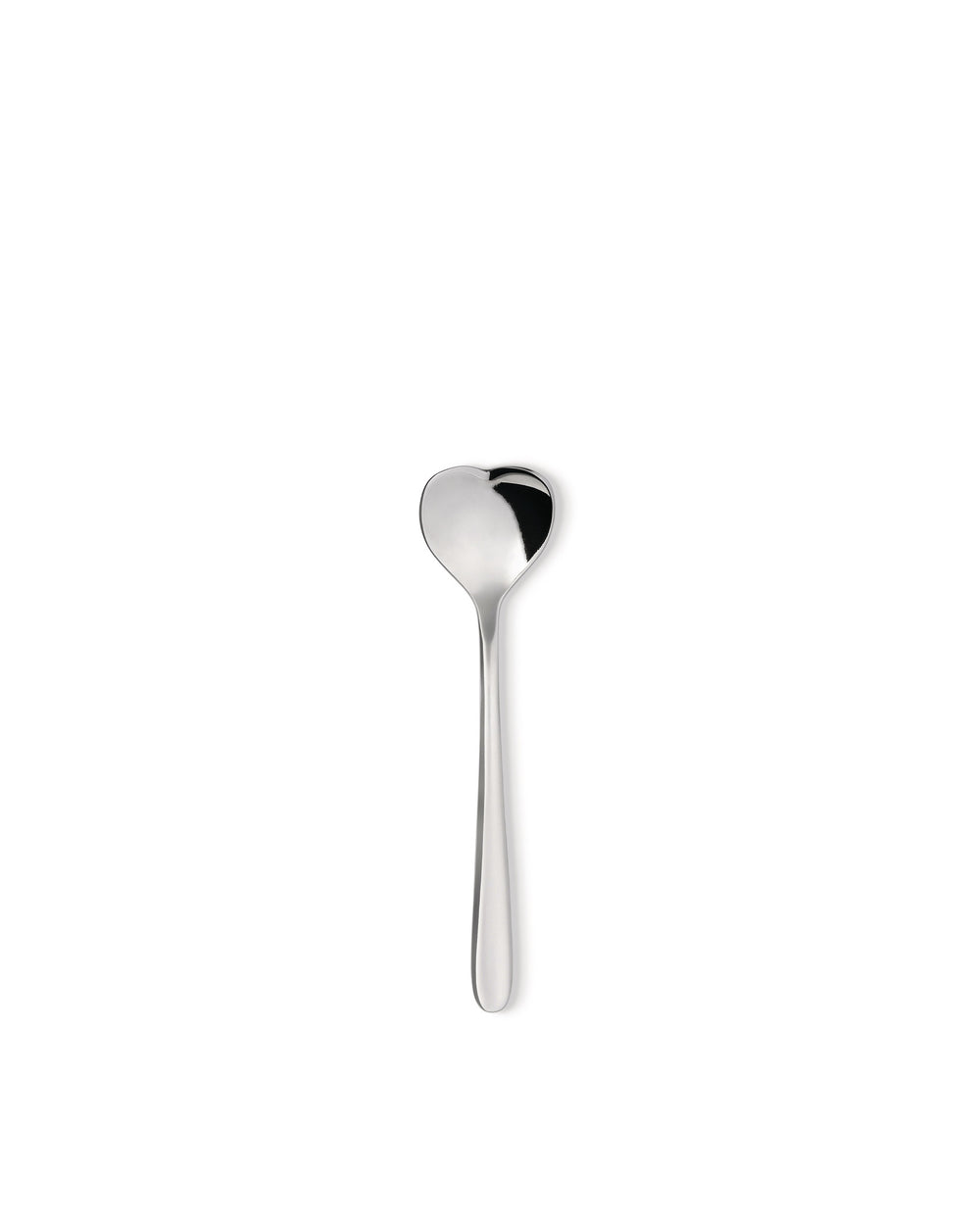 Silver metal spoon with a heart-shaped bowl by Alessi, highly reflective and centered.