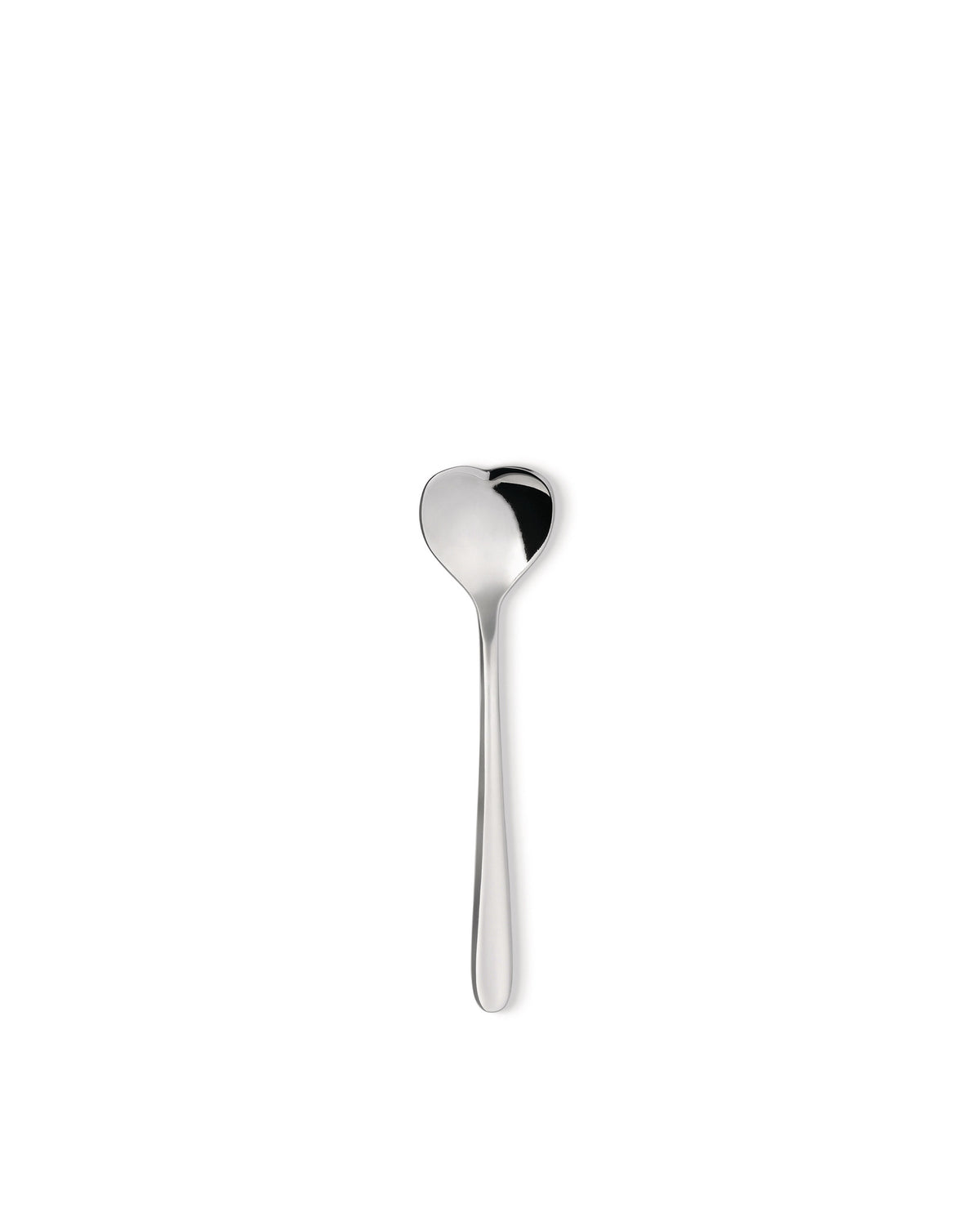 Silver metal spoon with a heart-shaped bowl by Alessi, highly reflective and centered.