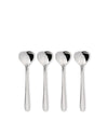 Four silver heart-shaped spoons by Alessi with a polished metallic finish, arranged vertically on a white background.
