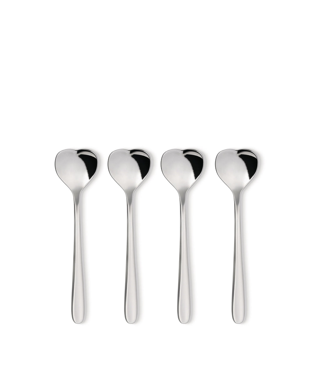 Four heart-shaped metallic spoons by Alessi, polished and reflective on a white background.