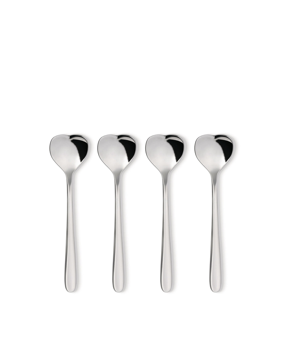 Four heart-shaped metallic spoons by Alessi, polished and reflective on a white background.