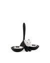Black and white cat-shaped pet bowl holder by Alessi, with two stainless steel bowls on a white background.