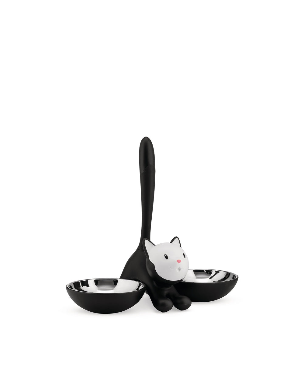 Black and white cat-shaped pet bowl holder by Alessi, with two stainless steel bowls on a white background.