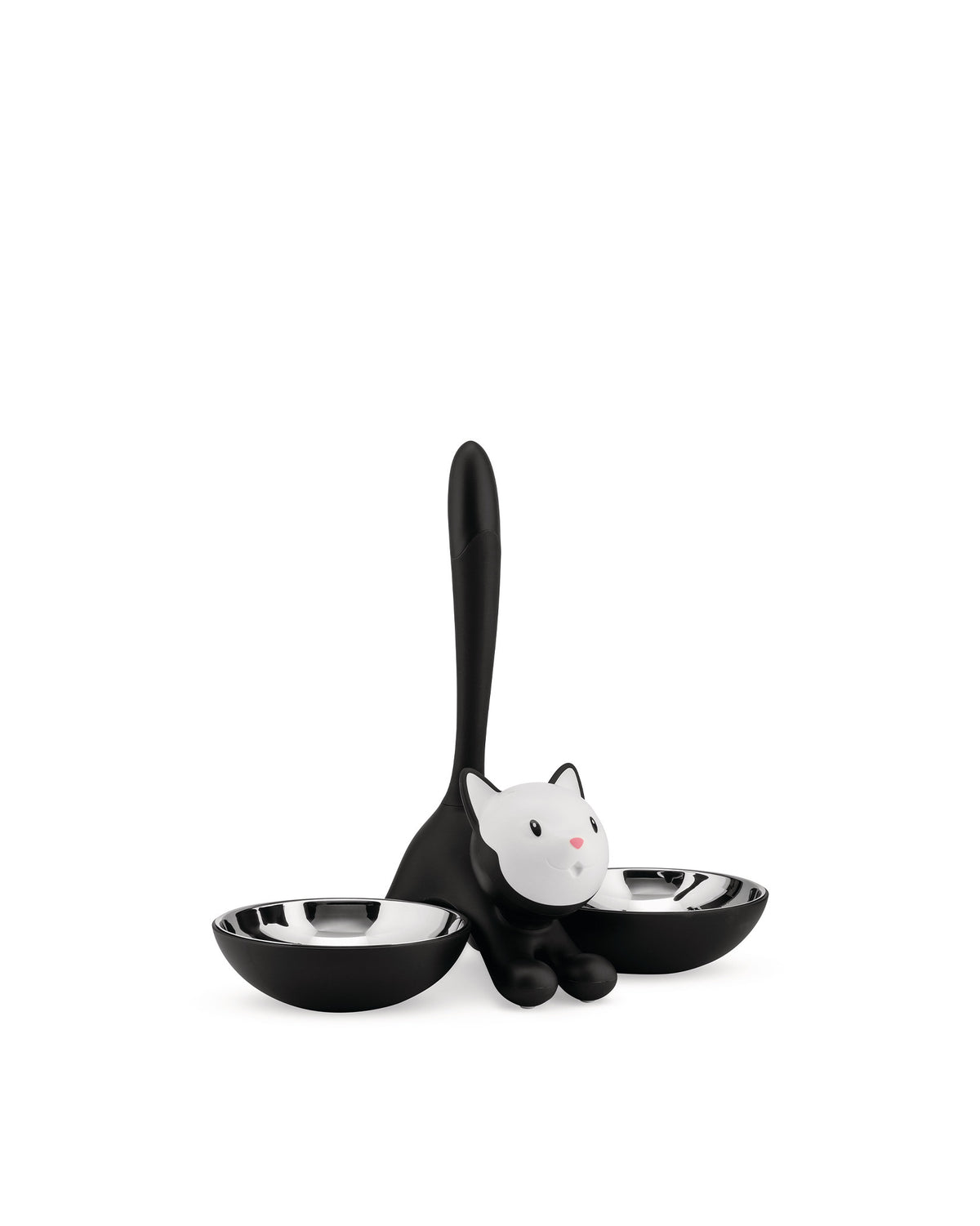 Black and white cat-shaped pet bowl holder by Alessi, with two stainless steel bowls on a white background.