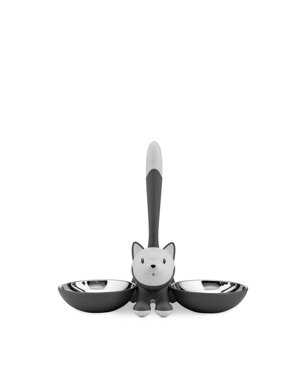 Dark grey and white cat-shaped double pet bowl by Alessi, featuring two stainless steel inner bowls and a smiling cat figure with an upright tail.