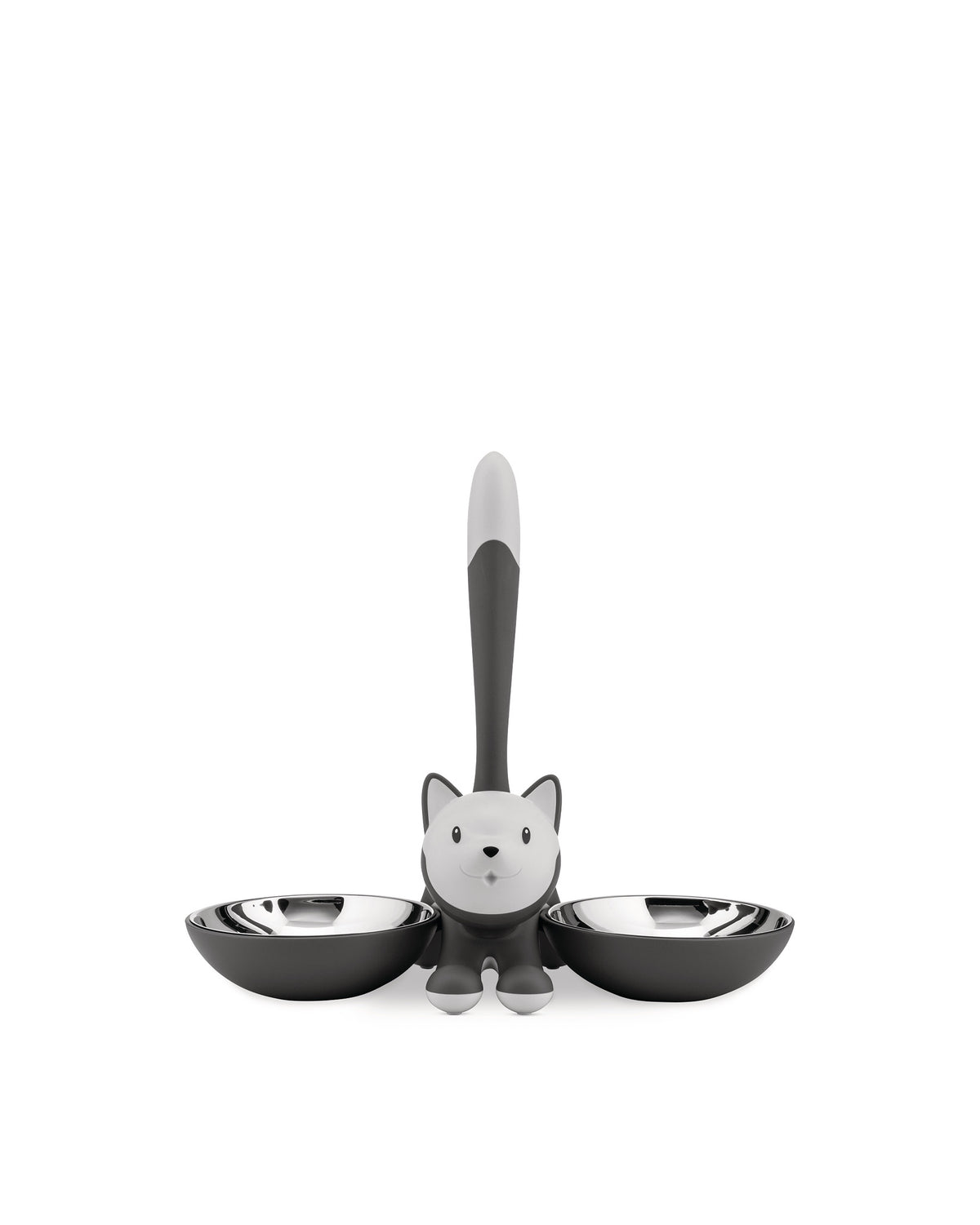 Dark grey and white cat-shaped double pet bowl by Alessi, featuring two stainless steel inner bowls and a smiling cat figure with an upright tail.
