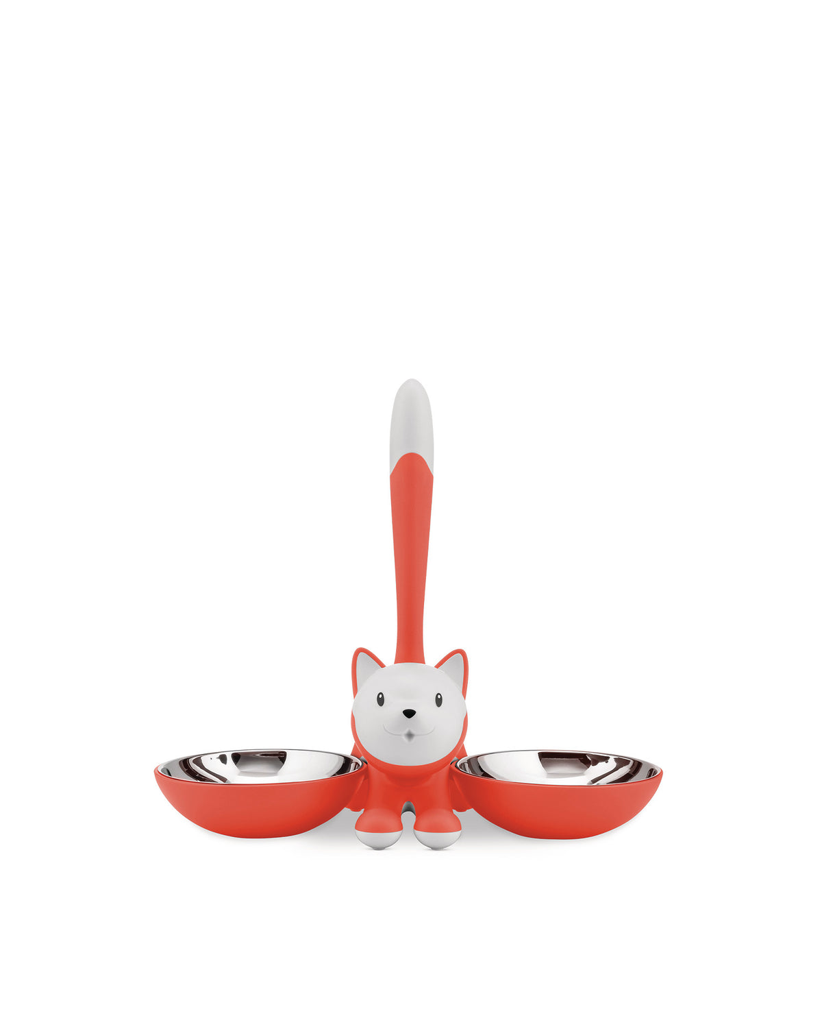 Red and white fox-shaped dual pet bowl by Alessi, with stainless steel inserts, presented front view on a white background.