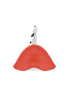 Red food jar by Alessi, topped with a stylized white dog figure looking up, on a wavy base.