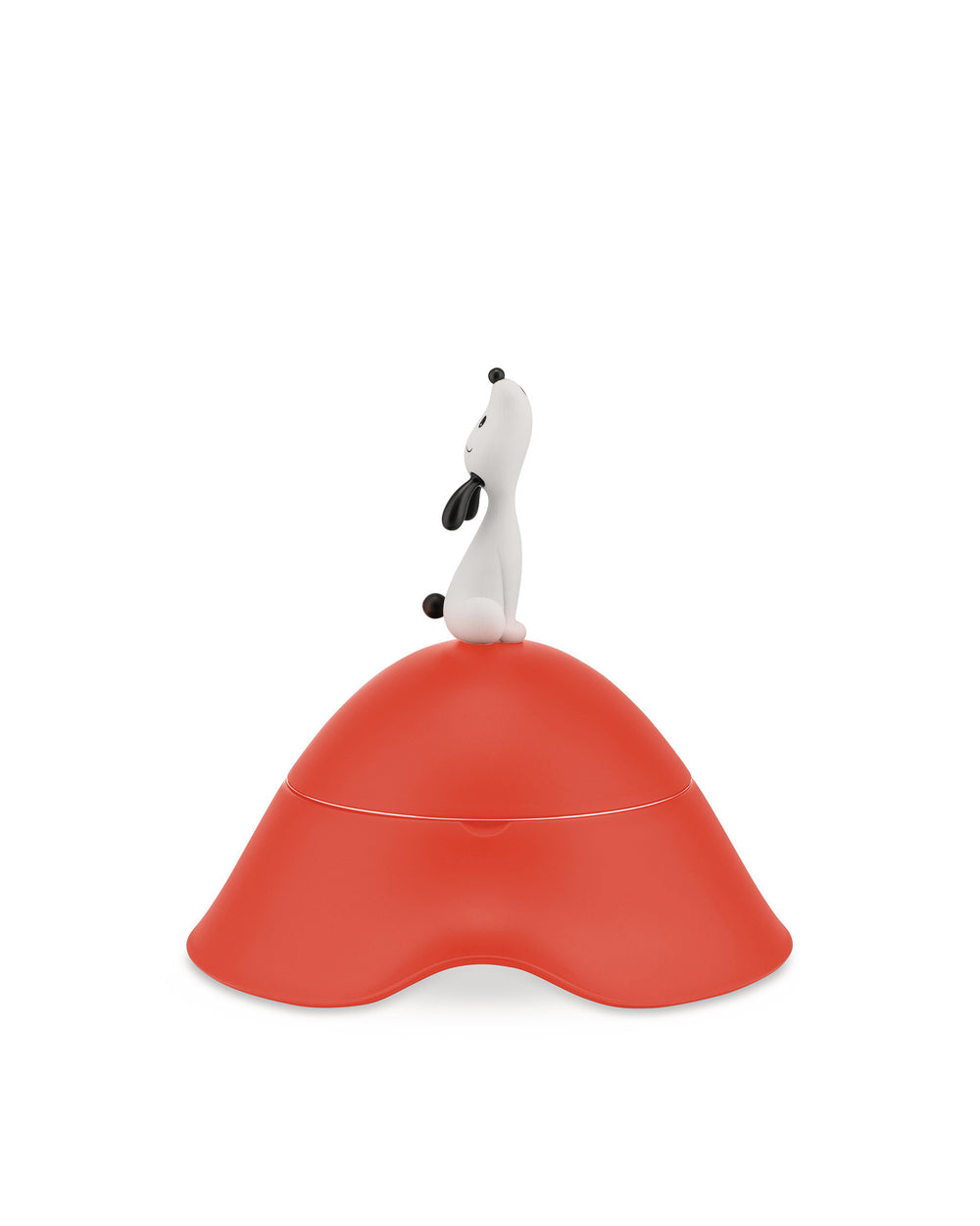Red food jar by Alessi, topped with a stylized white dog figure looking up, on a wavy base.