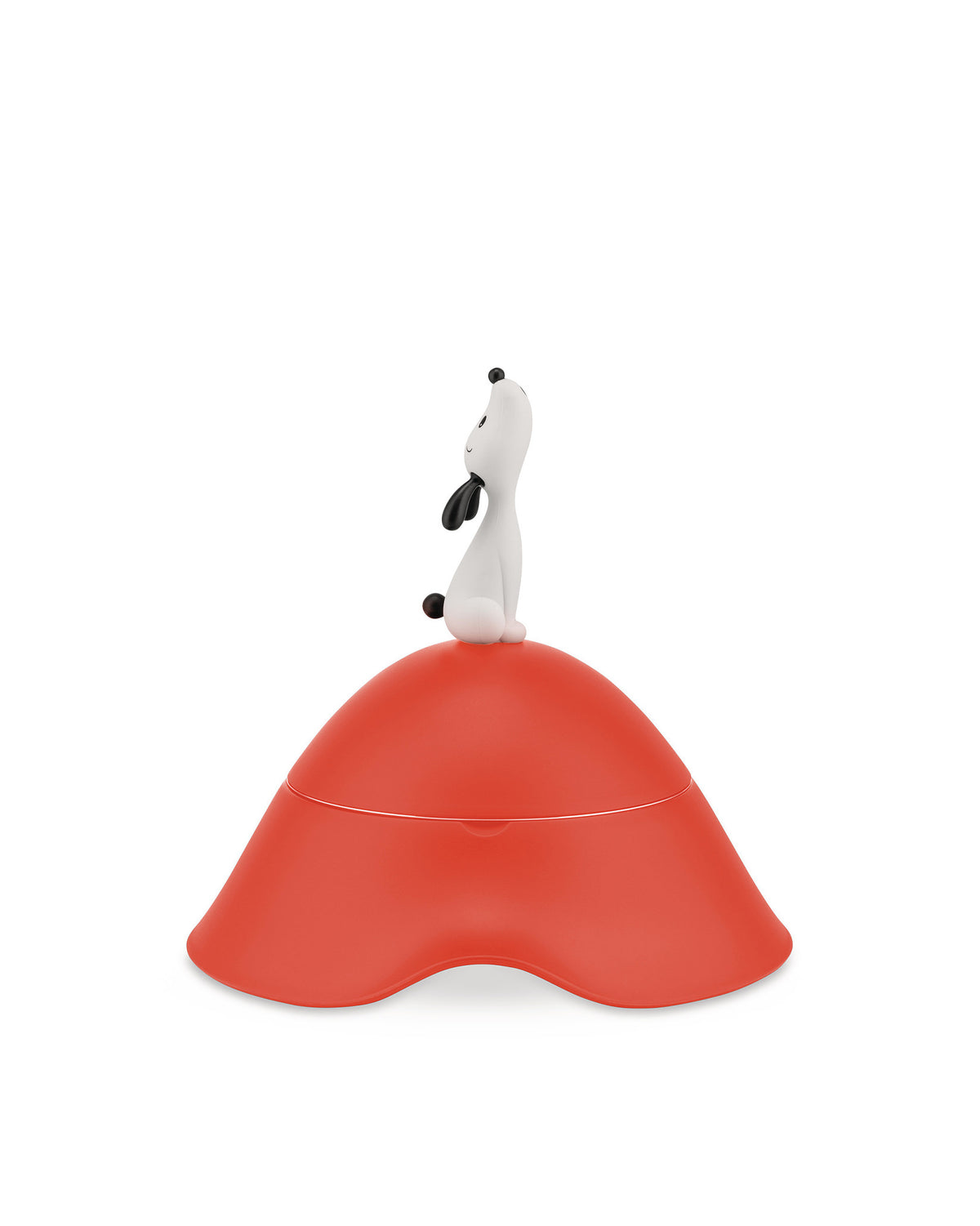 Red food jar by Alessi, topped with a stylized white dog figure looking up, on a wavy base.
