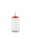 Clear glass jar with a red lid by Alessi, featuring a white dog figure on top, against a white background.