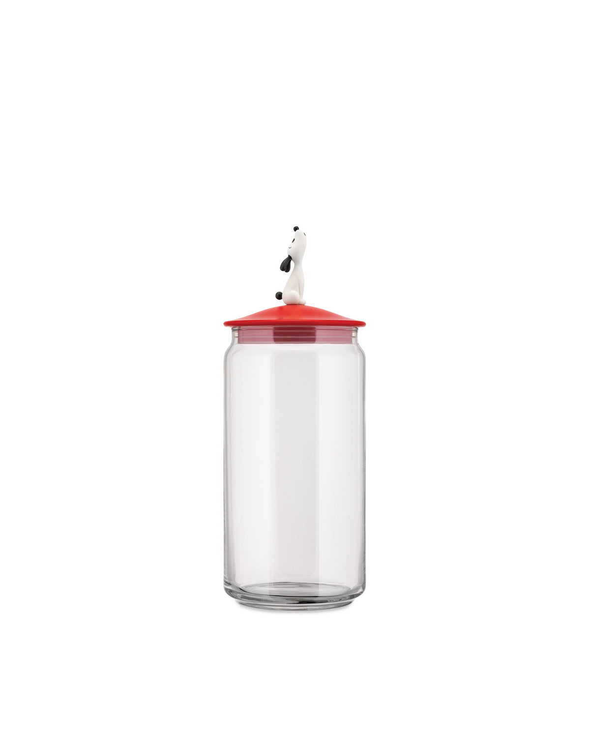 Clear glass jar with a red lid by Alessi, featuring a white dog figure on top, against a white background.