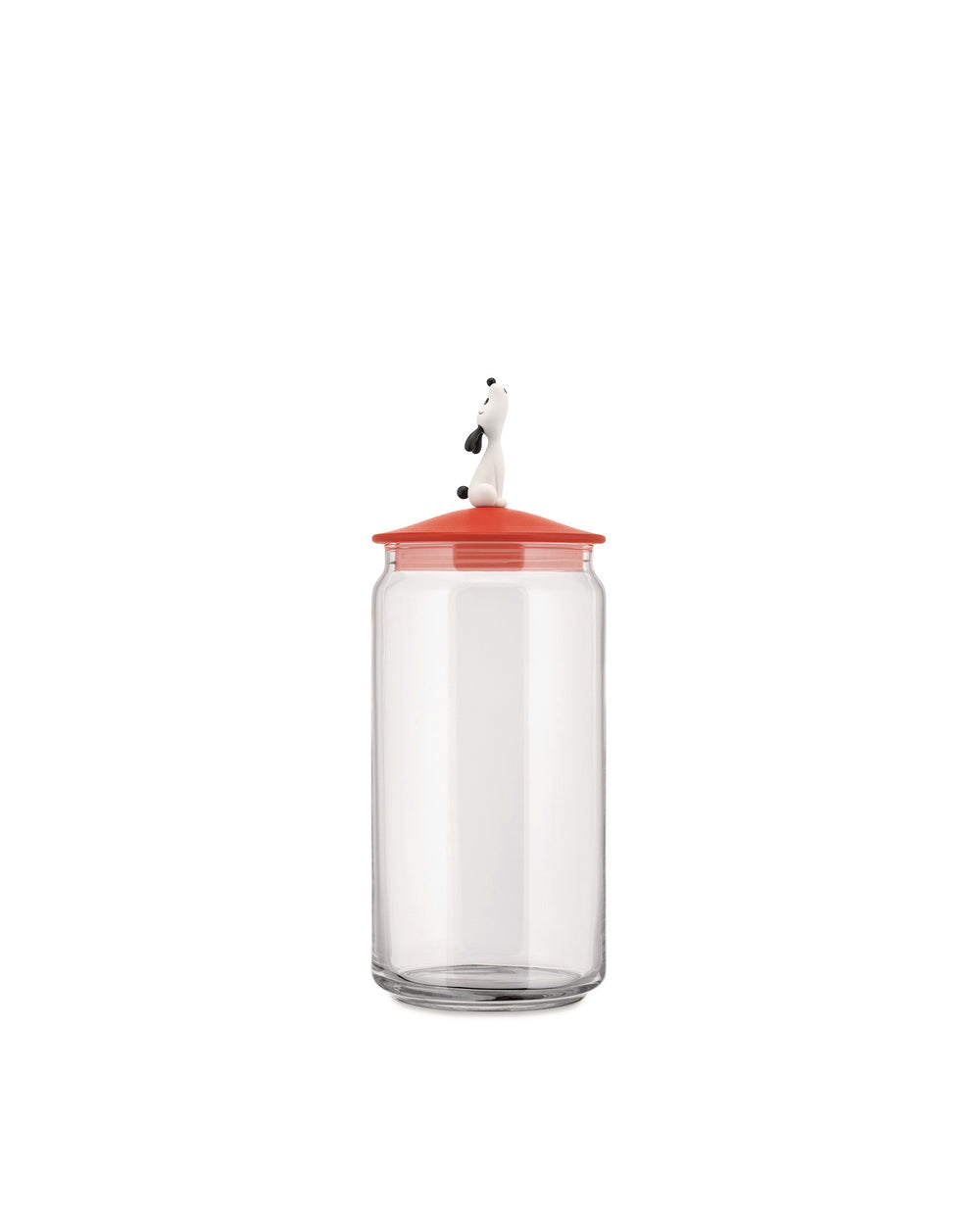 Glass LulàJar by Alessi with a red conical lid and a small white dog figure on top.