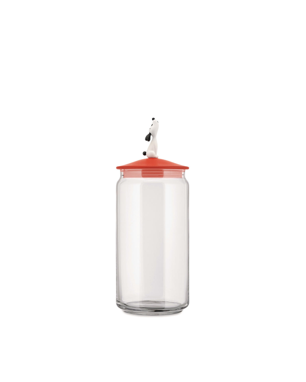 Glass LulàJar by Alessi with a red conical lid and a small white dog figure on top.