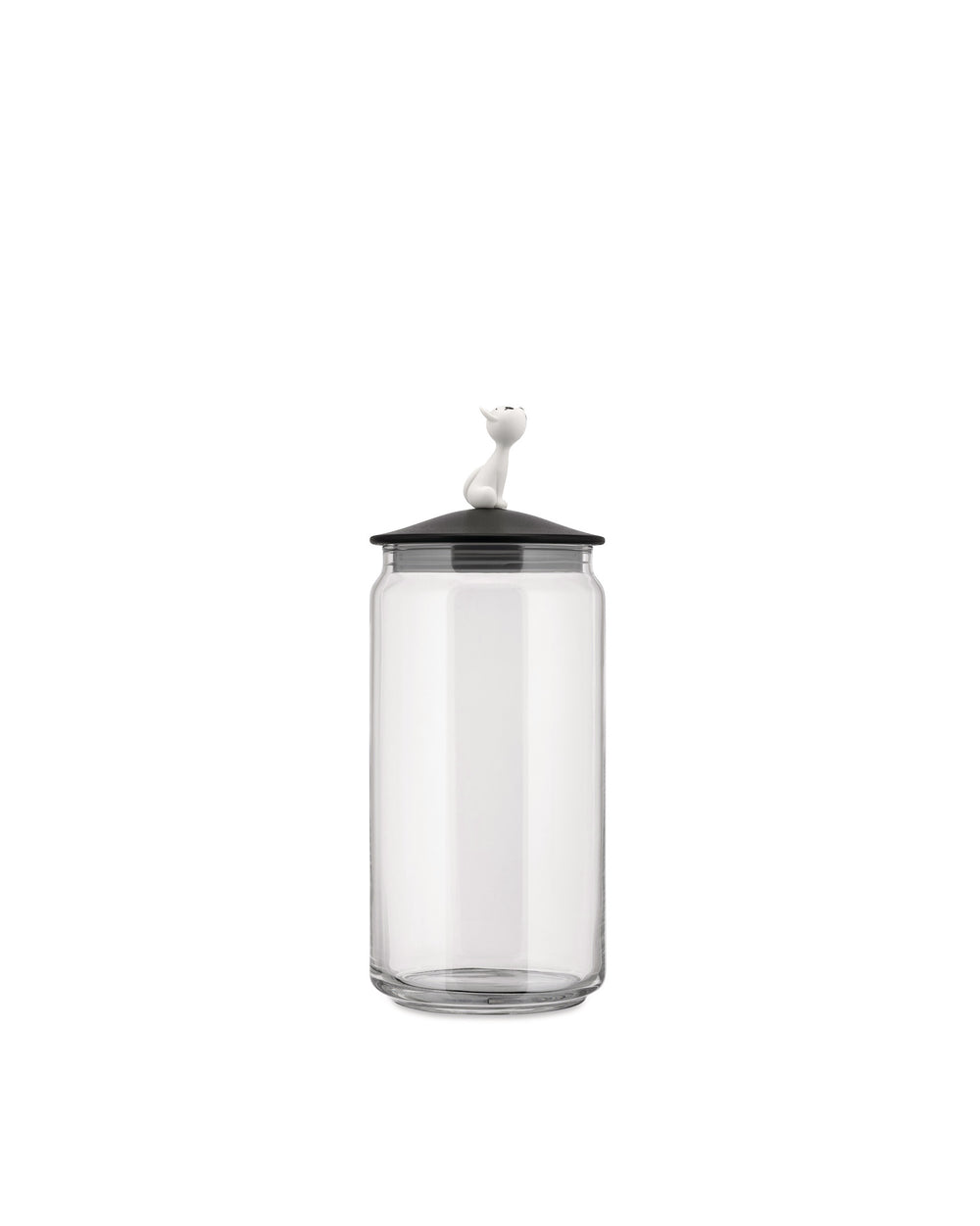 Clear glass storage jar by Alessi with a black lid topped by a white cat figurine, front view.