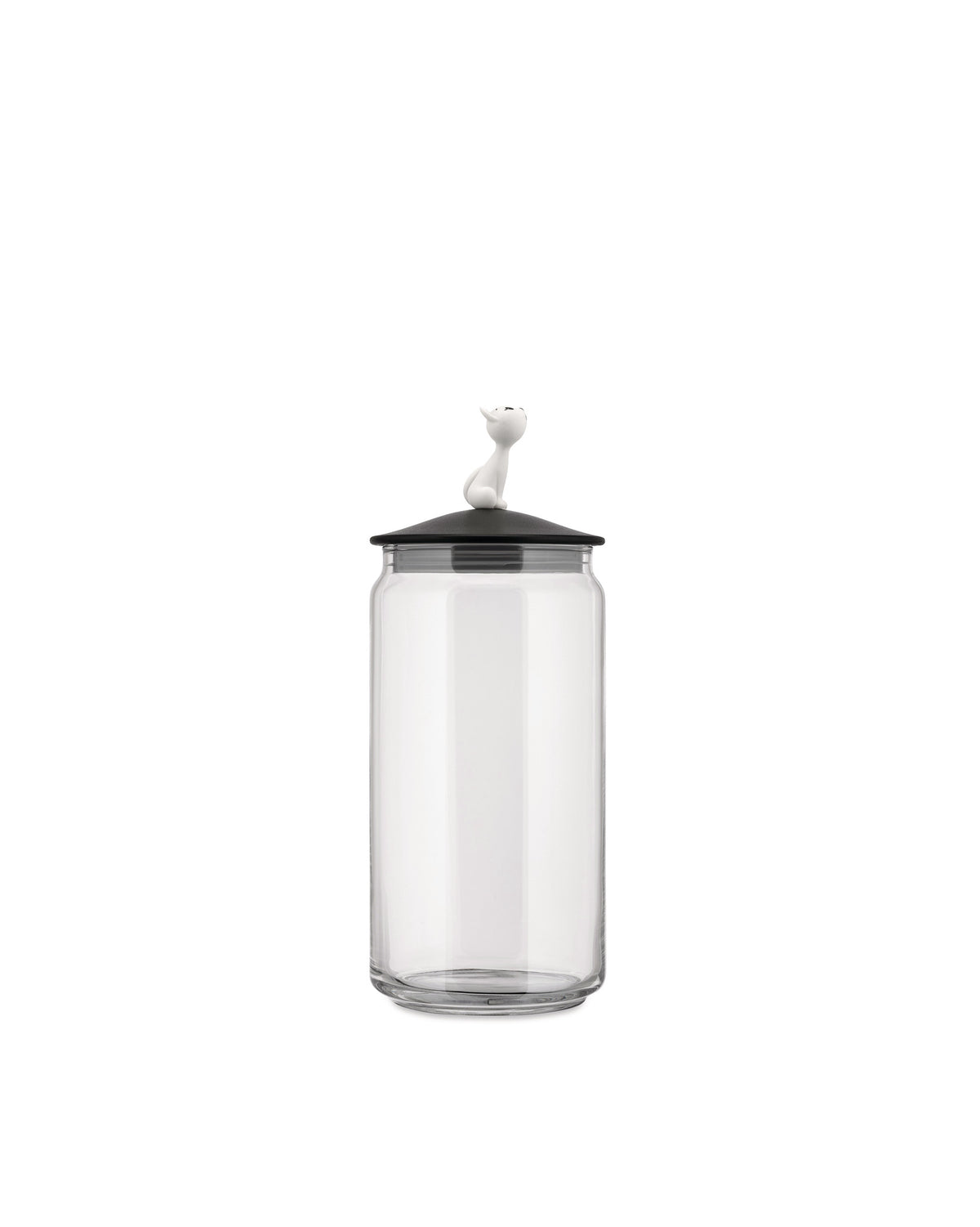 Clear glass storage jar by Alessi with a black lid topped by a white cat figurine, front view.