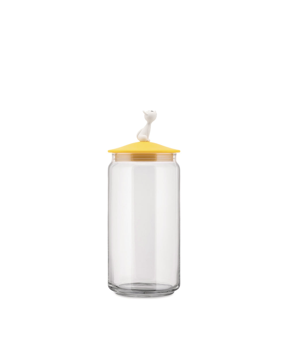 Clear glass storage jar with a yellow lid by Alessi, featuring a white cat figurine on top.