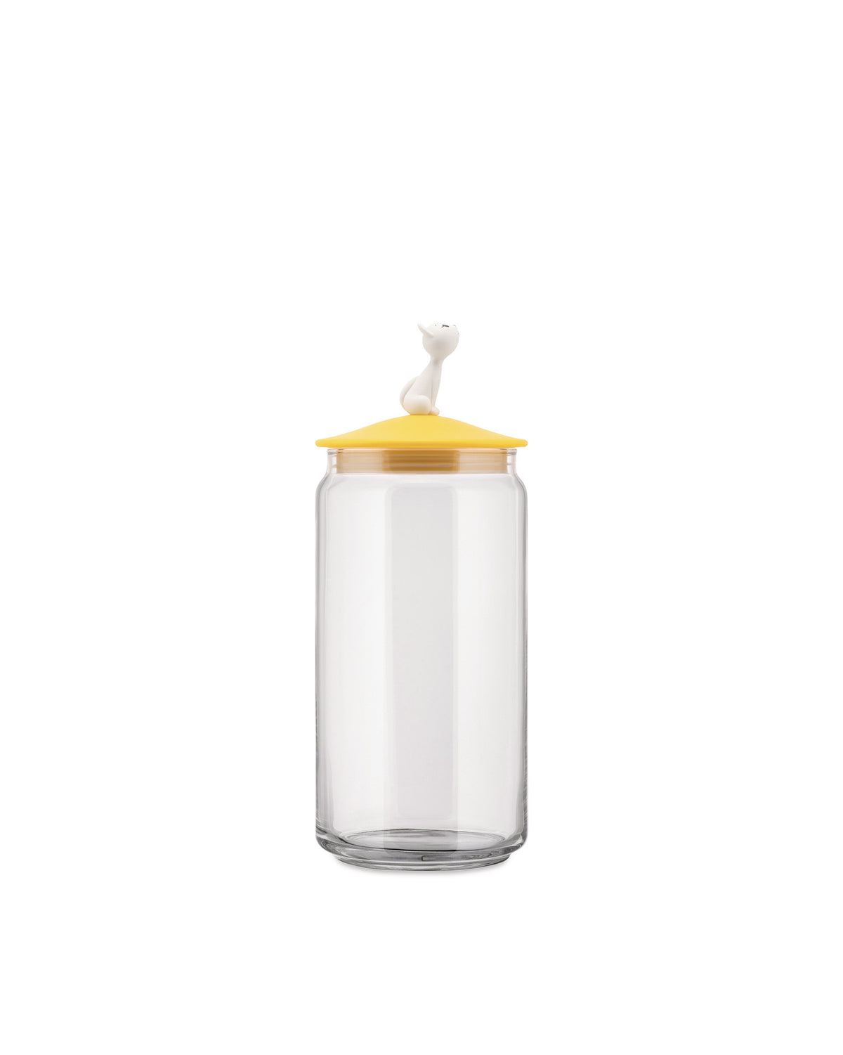 Clear glass storage jar with a yellow lid by Alessi, featuring a white cat figurine on top.