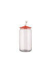 Clear glass jar by Alessi, with a red lid and a white cat figurine on top.