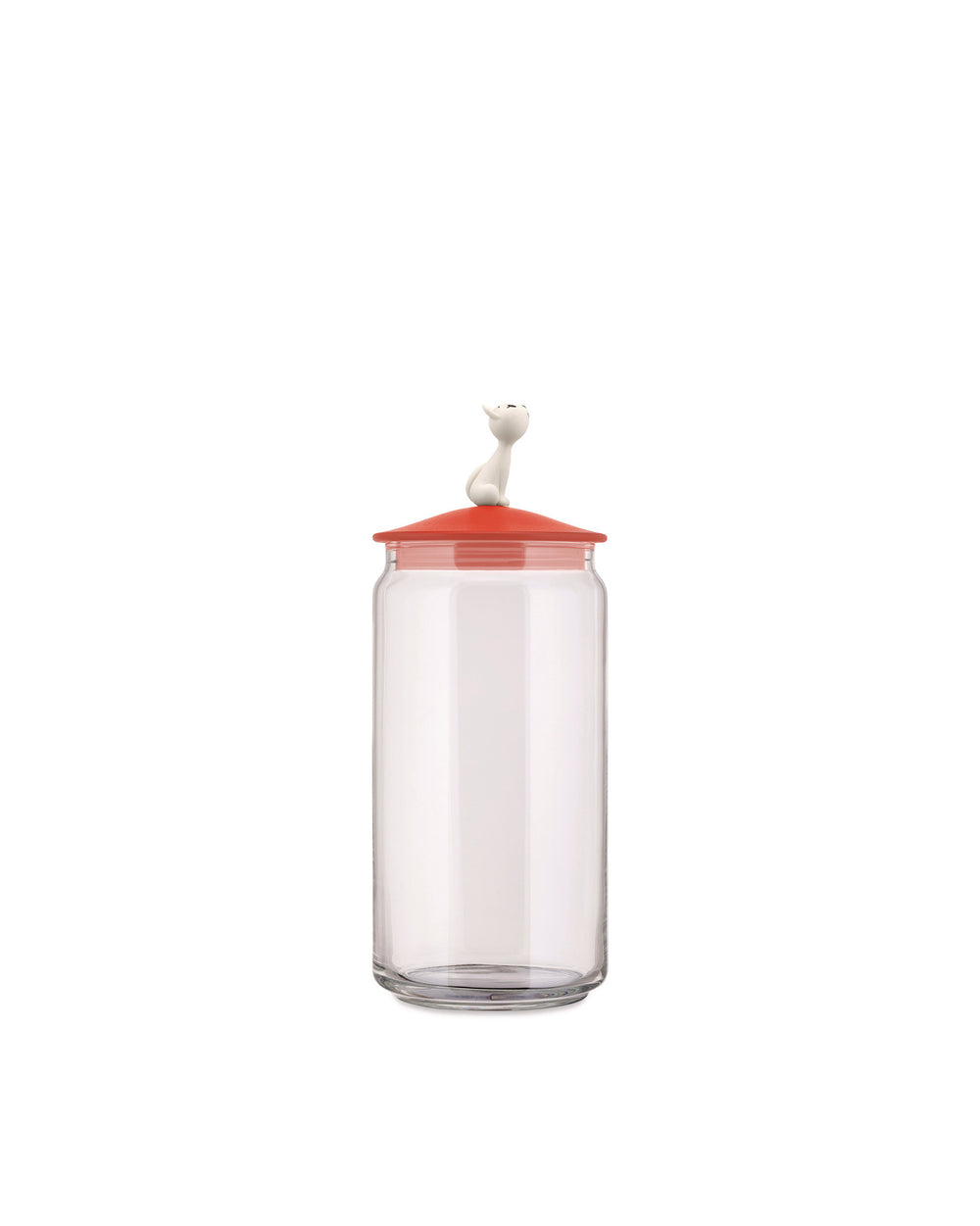 Clear glass jar by Alessi, with a red lid and a white cat figurine on top.