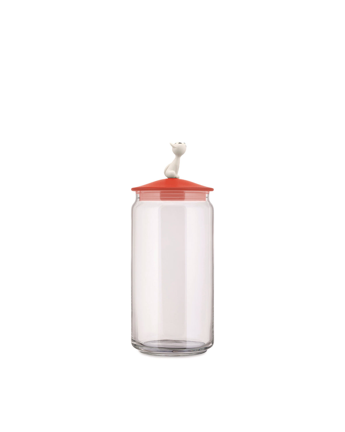 Clear glass jar by Alessi, with a red lid and a white cat figurine on top.