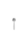 Polished stainless steel spoon by Alessi, laid flat on a white background.
