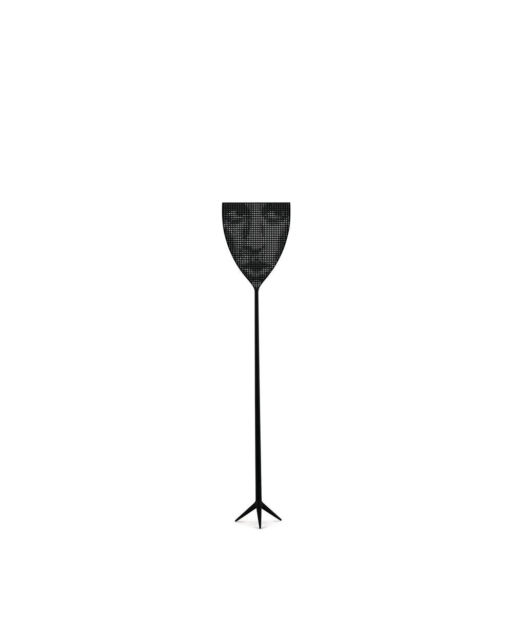 Black mesh fly swatter by Alessi with a long handle and a distinctive tripod base, standing vertically.