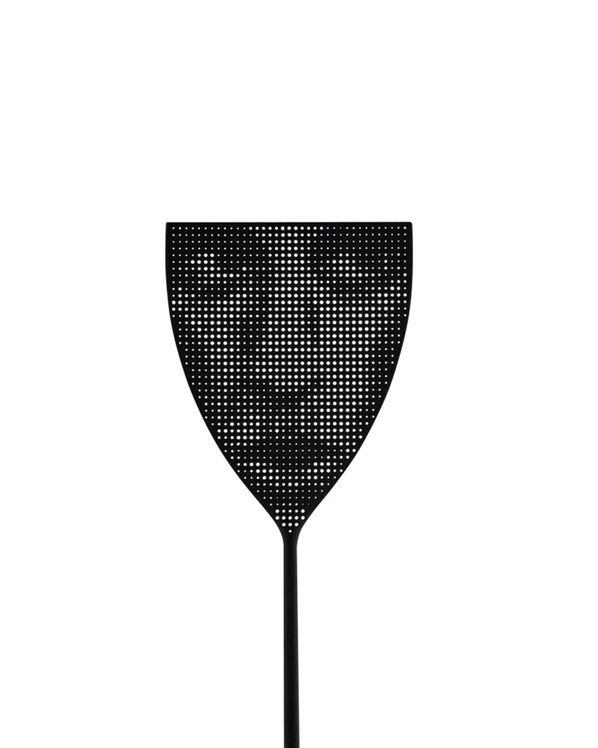 Black perforated fly swatter by Alessi, with a shield-shaped head and slender handle.