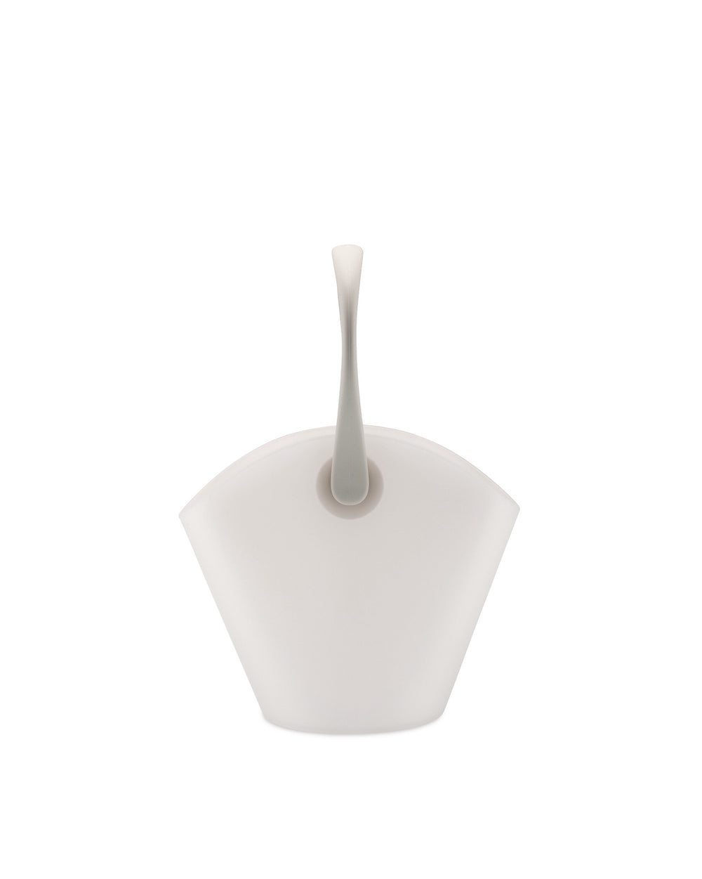 Frosted white cooler with a gray handle by Alessi, featuring a tapered shape, isolated on white.