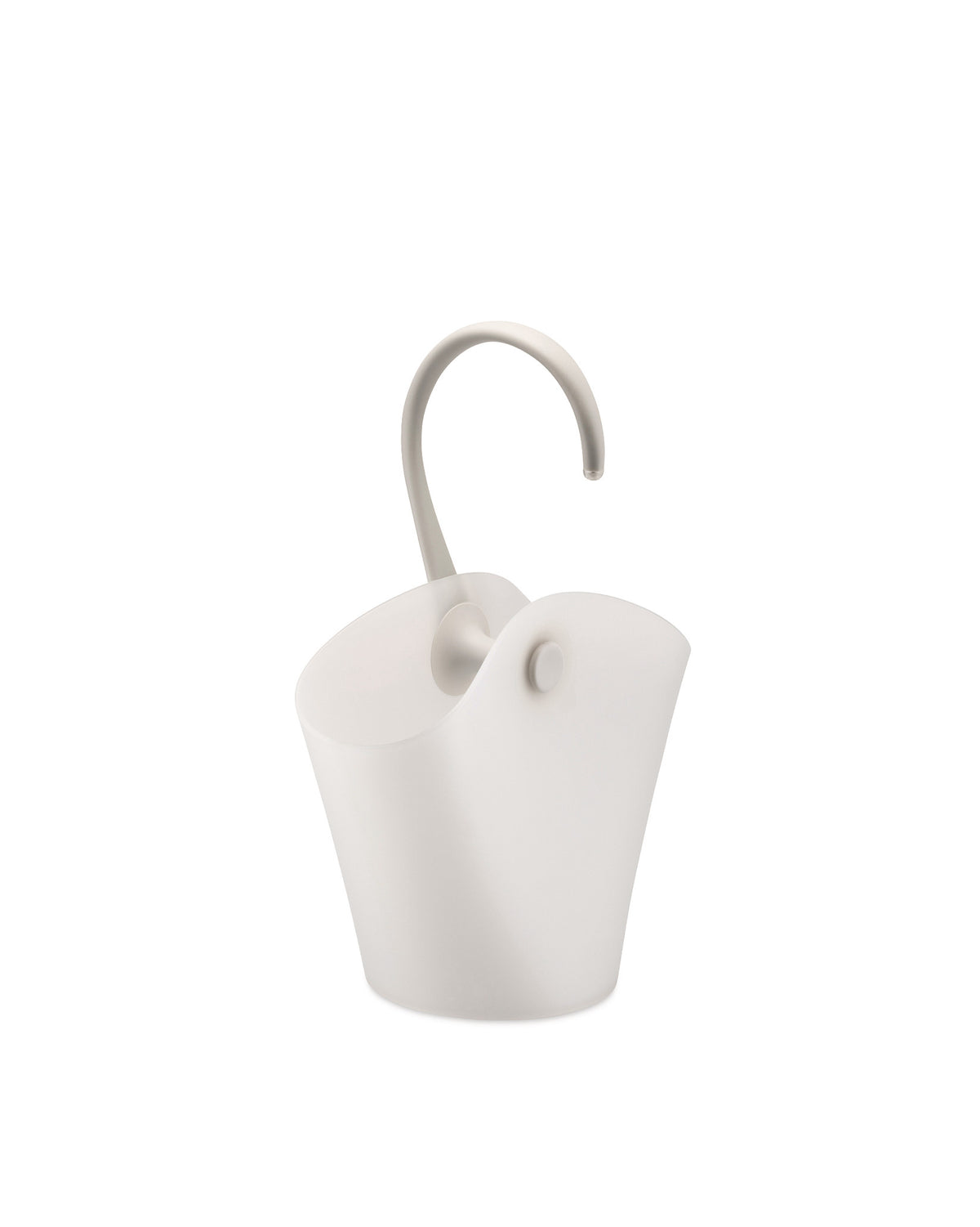 Light gray translucent plastic cooler by Alessi, with a curved hook handle and circular side detail.
