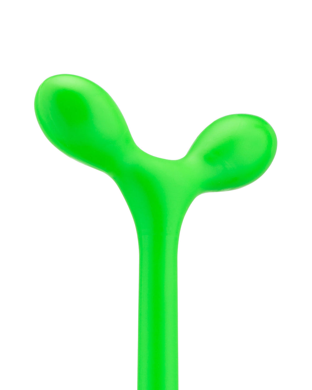 Green Y-shaped top of Merdolino by Alessi with bulbous ends and a smooth finish, isolated on white.