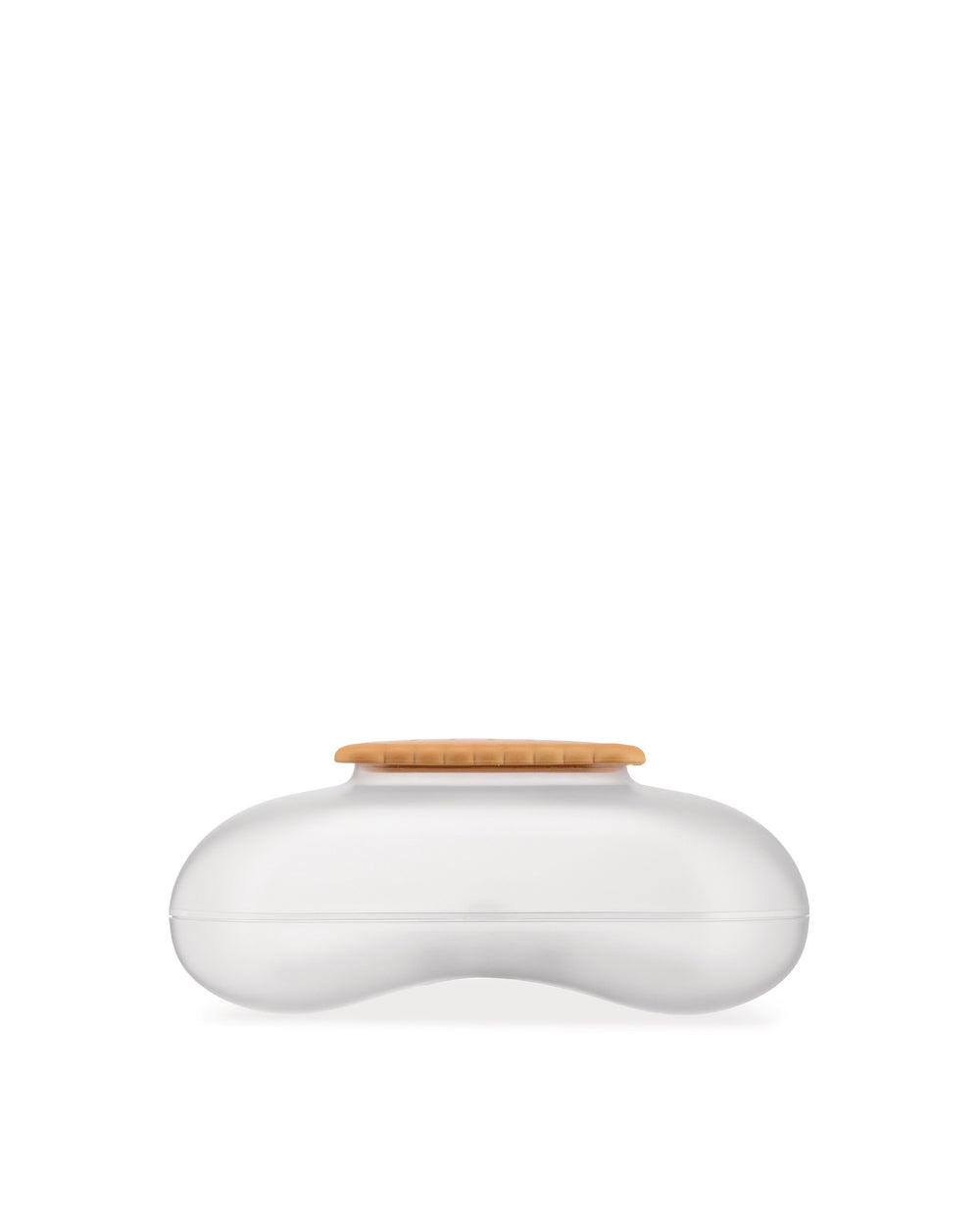 Frosted white biscuit box by Alessi with a tan biscuit-shaped, ribbed lid, side view.
