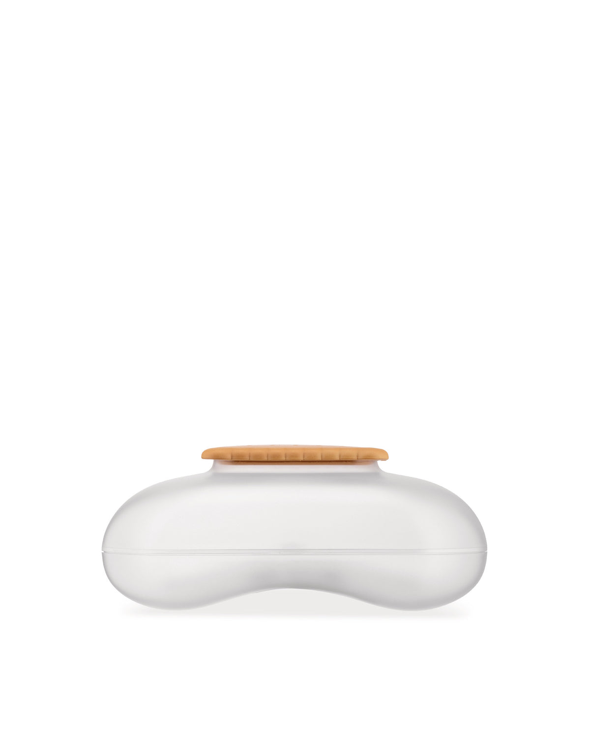 Frosted white biscuit box by Alessi with a tan biscuit-shaped, ribbed lid, side view.