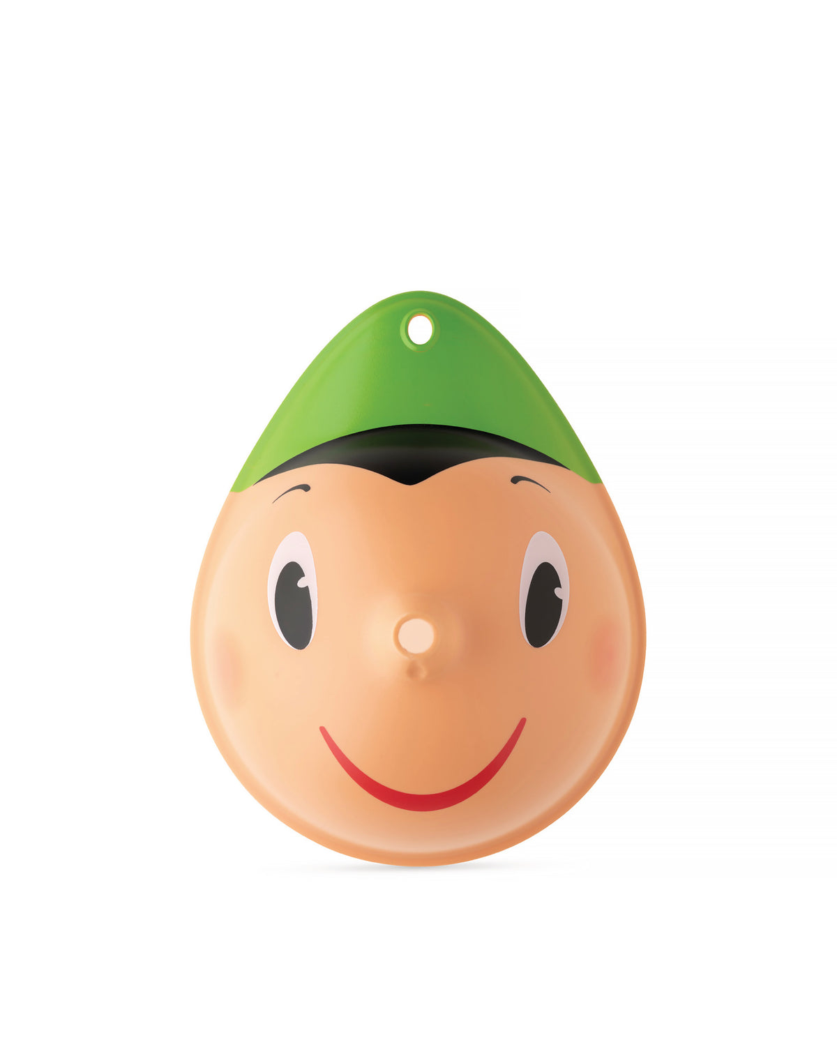 Orange-toned character face by Alessi with a green cap, smiling expression, and rosy cheeks.