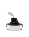 Clear container with a matte black lid by Alessi, featuring a white curved scoop and measurement markings.