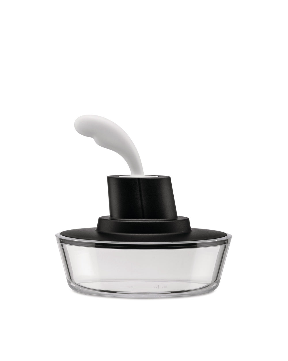 Clear container with a matte black lid by Alessi, featuring a white curved scoop and measurement markings.