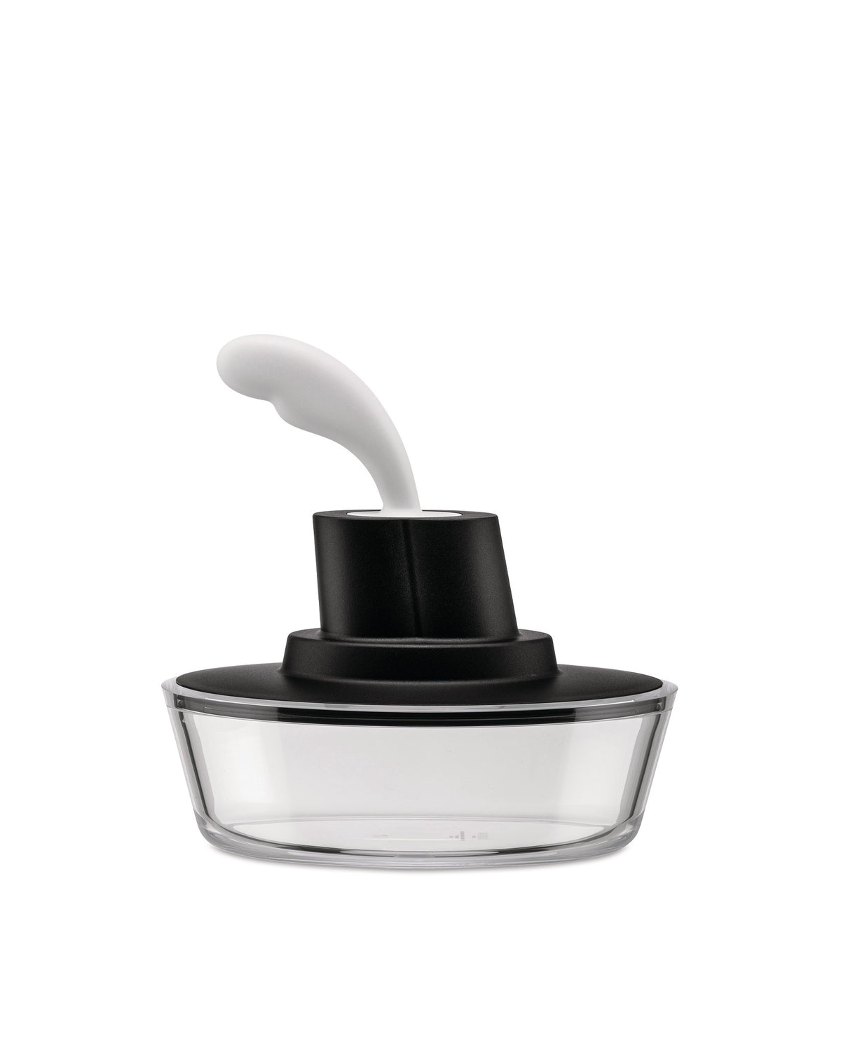Clear container with a matte black lid by Alessi, featuring a white curved scoop and measurement markings.