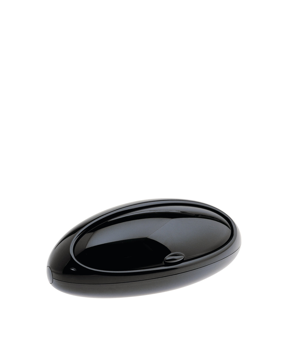 Black oval bread bin by Alessi with a sleek, glossy finish and curved top.