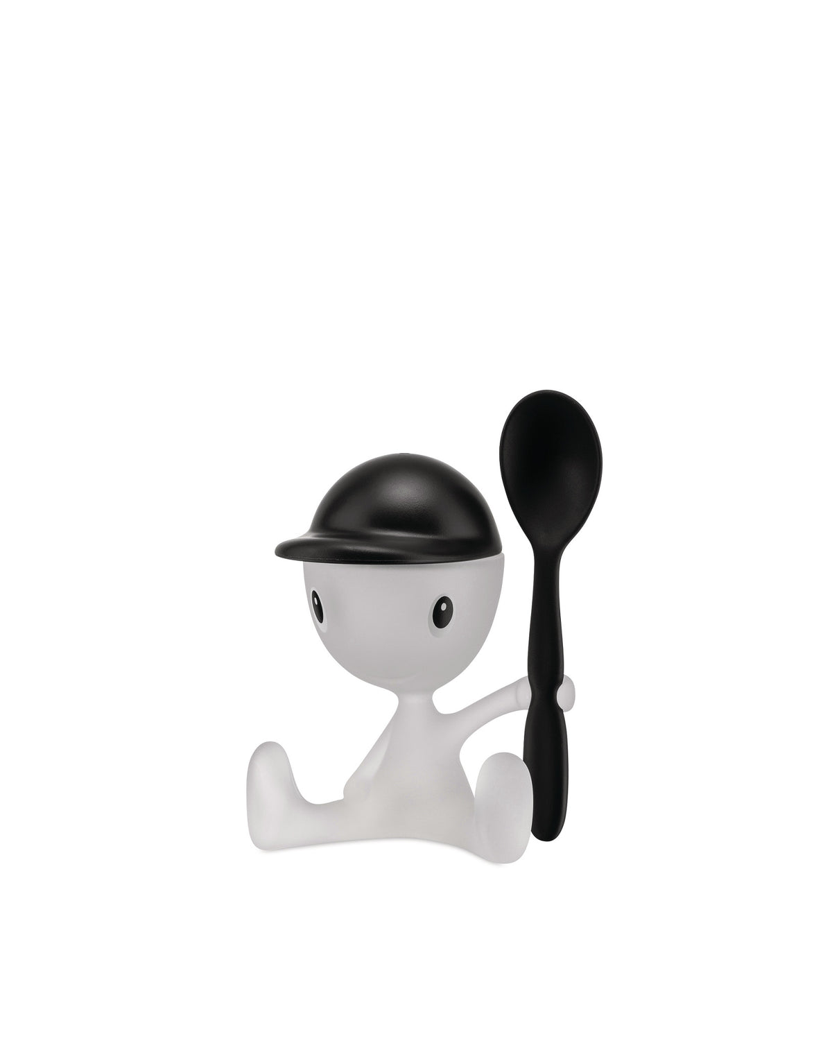 White and black plastic Cico egg cup by Alessi, styled as a sitting person wearing a black cap and holding a black spoon.