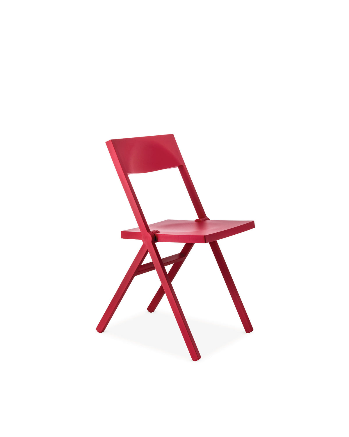 Red Piana folding chair by Alessi, featuring a matte finish and visible hinges, angled front view.